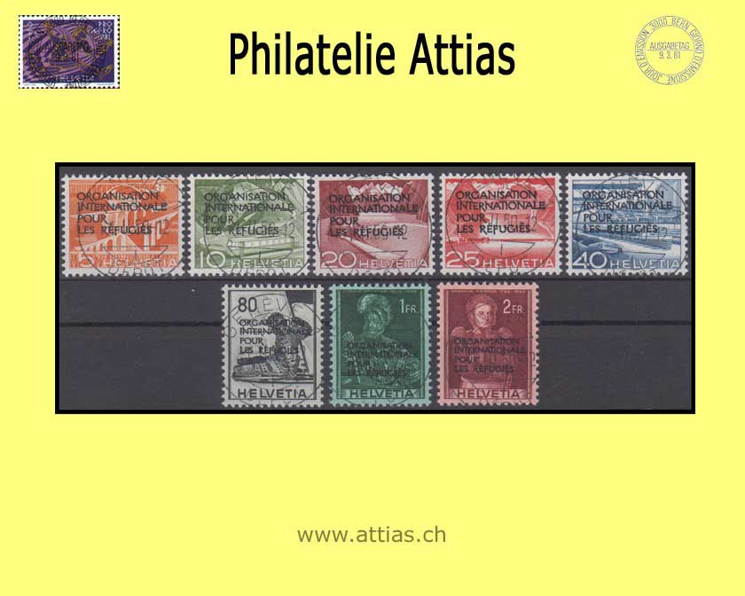 CH 1950 DVIII 1-8 Technik und Landschaft & Historische Bilder mit Aufdruck "Organisation internationale pour les refugés", ET-Vollstempel