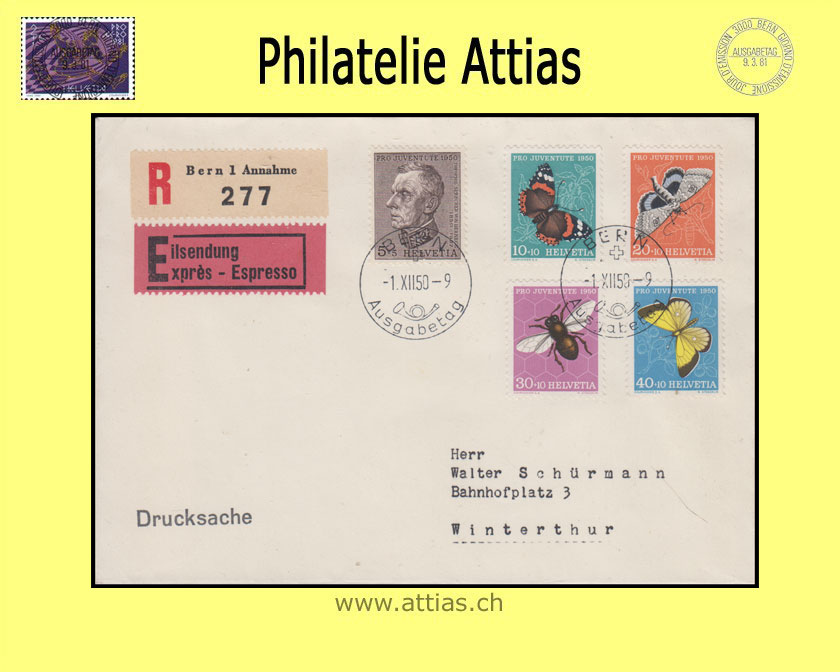 CH 1950 J133-J137 Pro Juventute FDC deutsch mit Adresse nach Winterthur