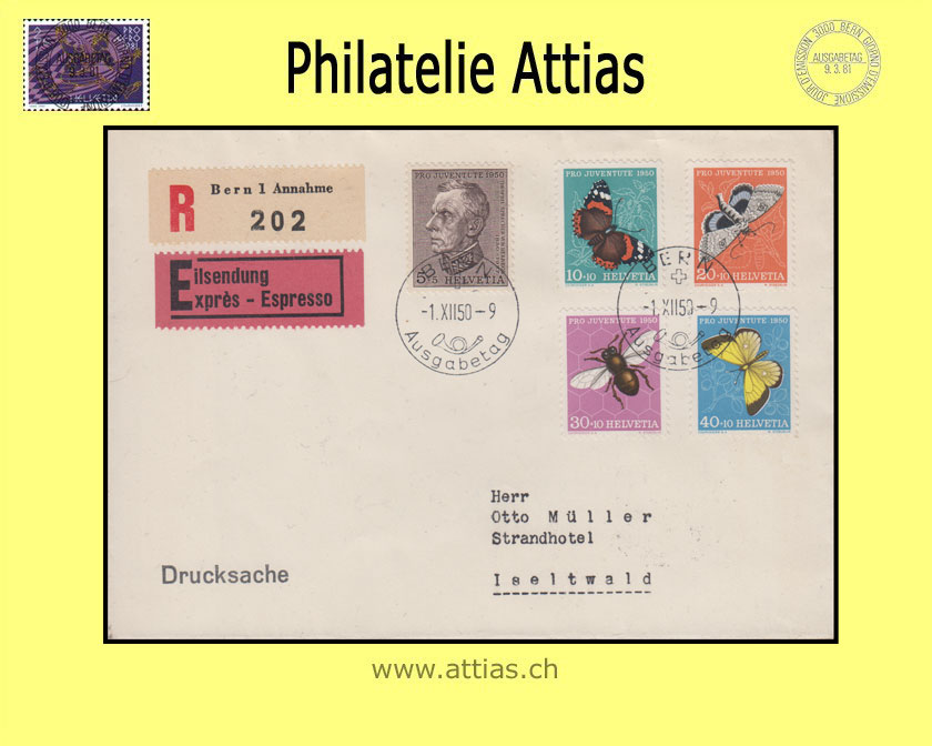 CH 1950 J133-J137 Pro Juventute FDC deutsch mit Adresse nach Iseltwald