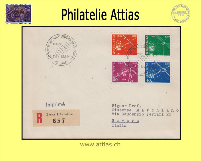 CH 1952 309-312 Elektrisches Nachrichtenwesen FDC mit Adresse nach Italien