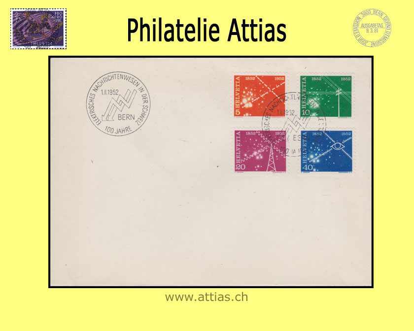 CH 1952 309-312 Elektrisches Nachrichtenwesen FDC ohne Adresse