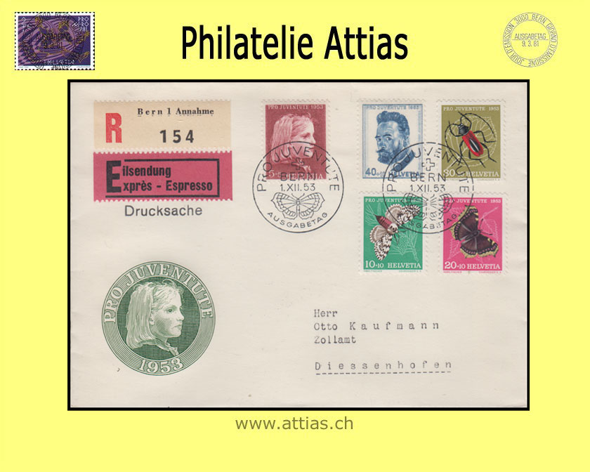 CH 1953 FDC Pro Juventute ill. mit Adresse