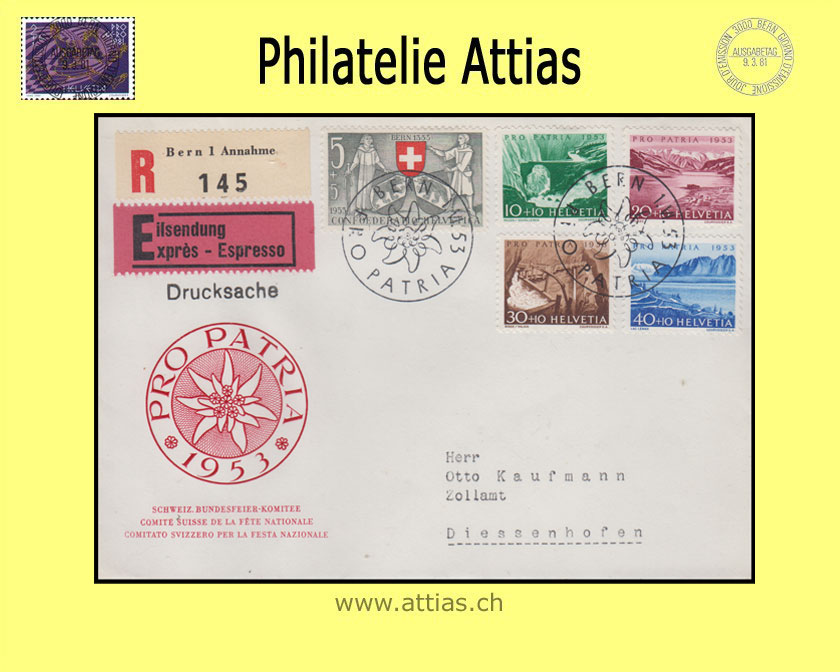 CH 1953 FDC Pro Patria ill. mit Adresse