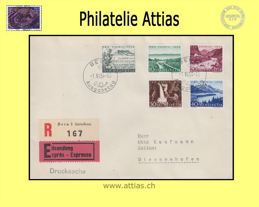 CH 1954 FDC Pro Patria deutsch mit Adresse