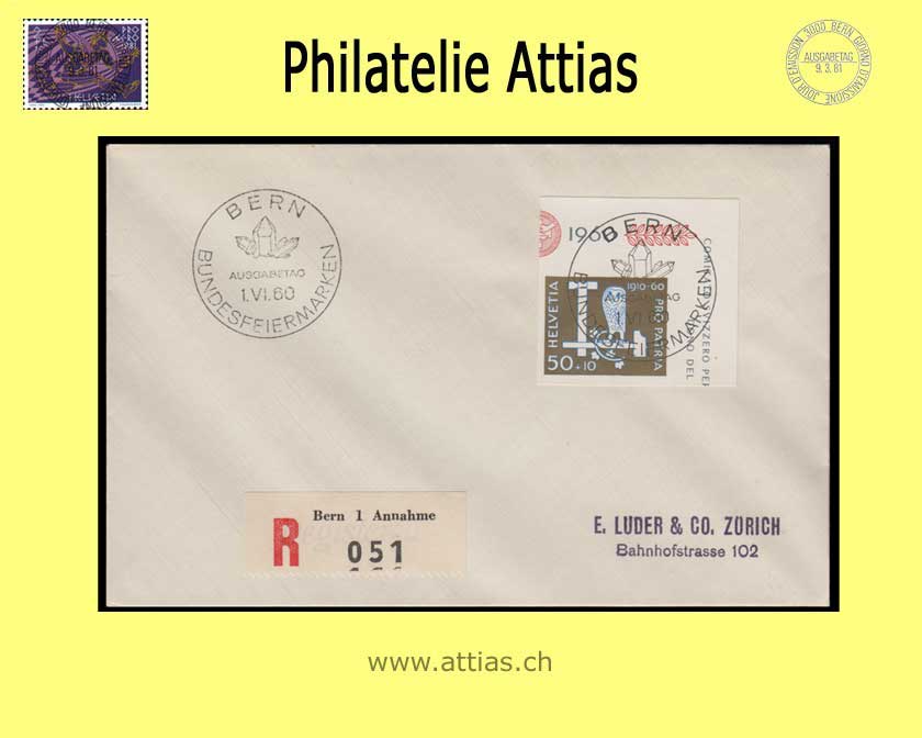 CH 1960 B101 Pro Patria Marke aus Block Sonder-ET-Vollstempel auf FDC