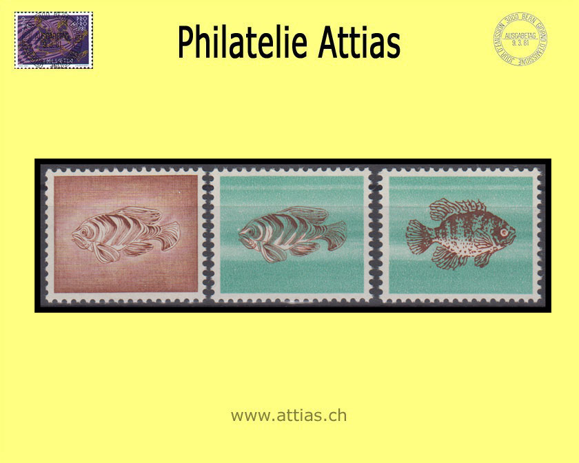 CH 1960 ca. vignettes 3 test prints "fish" from the PTT stamp printery