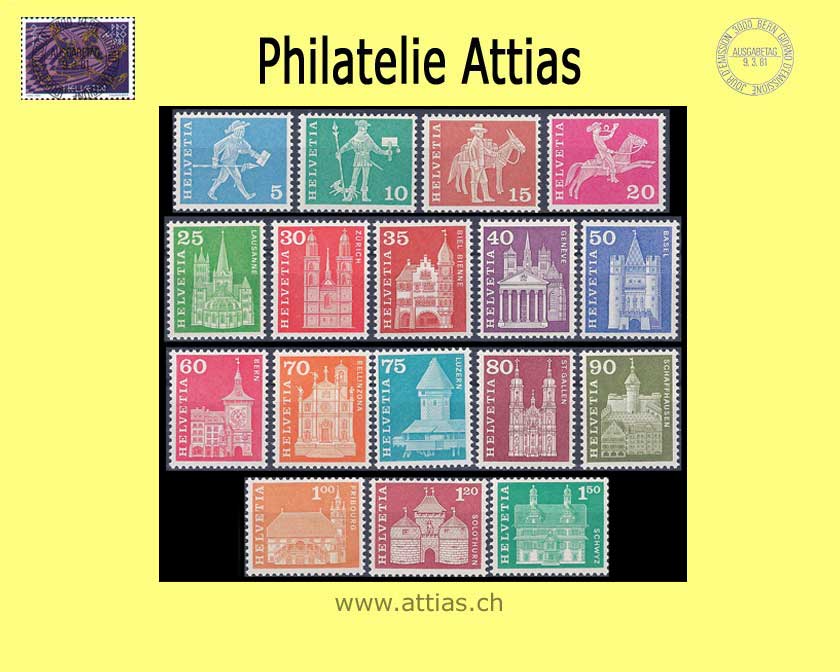 CH 1963-68 355L-371L Post. Motive und Bauten (mit Leuchtstoff) Satz Postfrisch