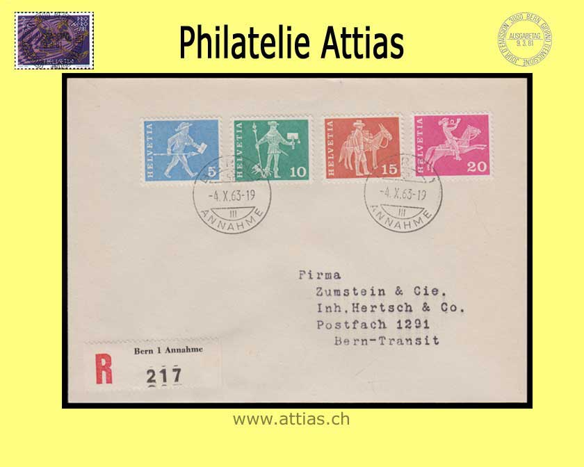 CH 1963 FDC Postmotive+Bauten with phosphor w.addr. 04.10.63