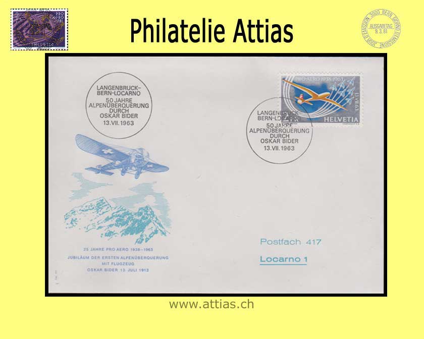 CH 1963 FDC 25 Years Pro Aero 2 Flights ill. with addr.