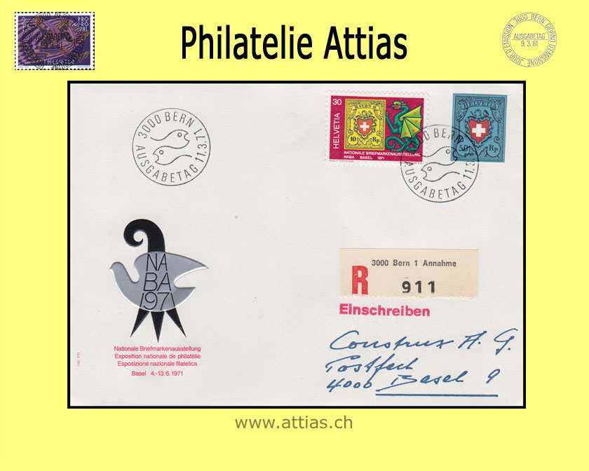CH 1971 W44 NABA Basel Marke aus Block FDC ill. mit Adresse