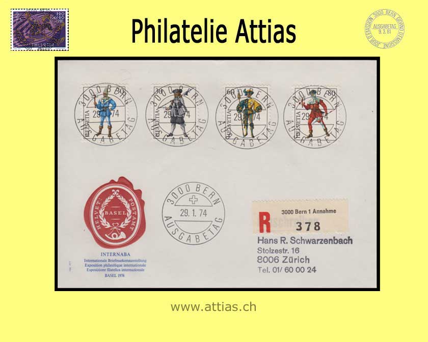 CH 1974 Werte aus Block "INTERNABA Basel" ET-Vollstempel FDC