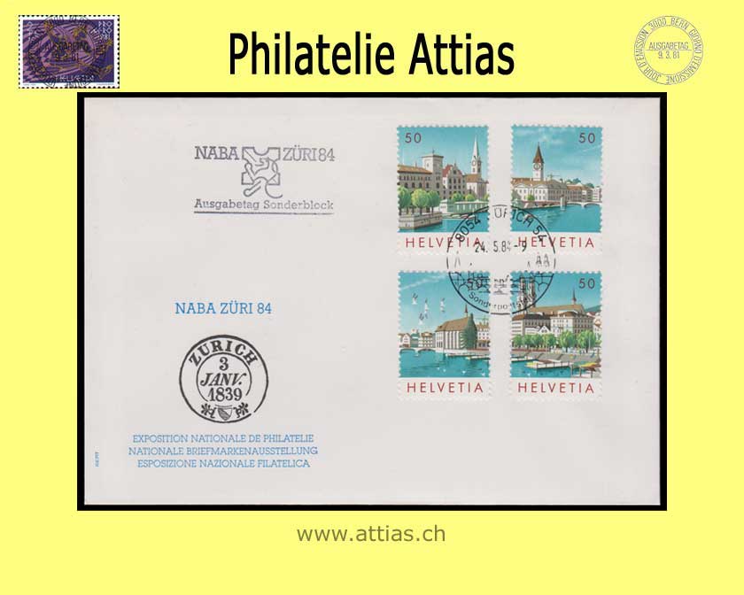 CH 1984 FDC Bloc NABA Züri 84 single stamps Canceled Zurich