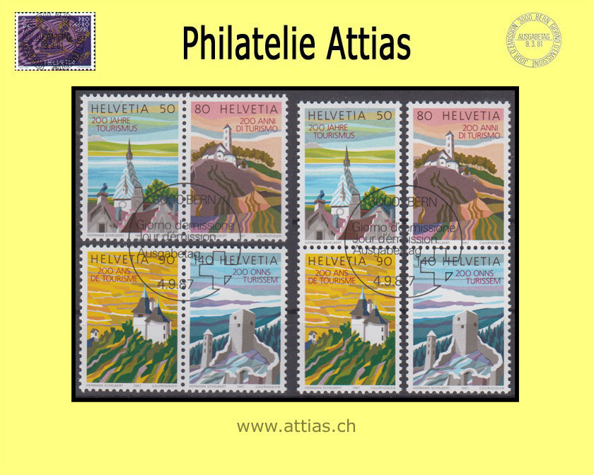 CH 1987 Z83-Z86 200 Jahre Tourismus zusammenhängende Werte aus Block mit ET-Stempel