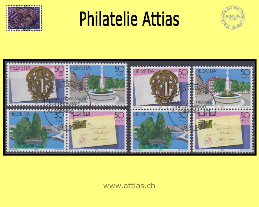 CH 1990 Z87-Z90 HELVETIA Geneve 90 zusammenhängende Werte aus Block ET-Stempel
