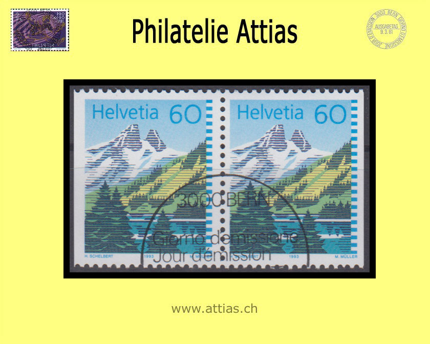 CH 1993 837H3 Dauermarken Bergseen, Paar aus MH mit ET-Stempel