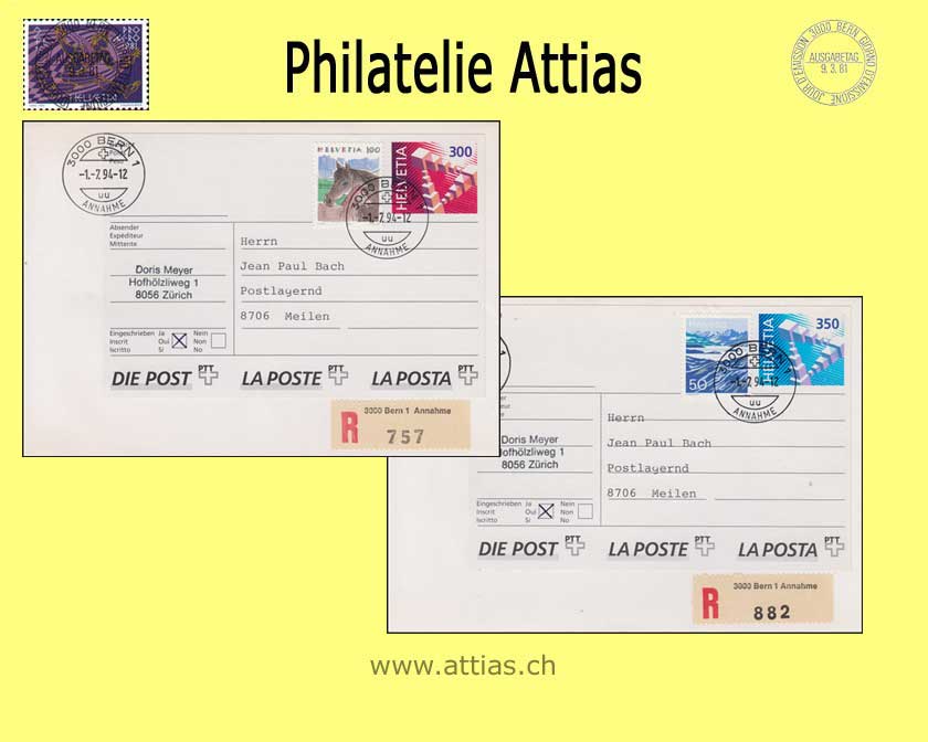 CH 1994 AK1-AK2 Vorfrankierte Adress-Klebeetiketten Paket-Post, 2 FDCs mit Zusatzfrankatur