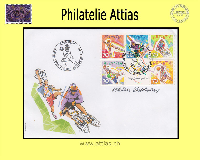CH 1998 953-957 MH Jugend, Freizeit, Sport Blatt aus 0-99 auf ill FDC ohne Adresse mit Unterschrift