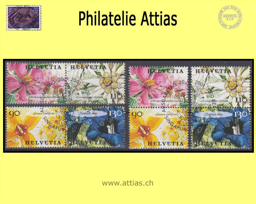 CH 2001 Z128-Z131 Singapur-Schweiz zusammenhängende Werte aus Block ET-Stempel