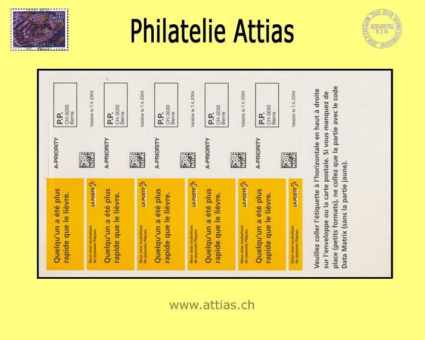 CH 2004 AE 2 Gelbe Osterwünsche Französisch, Kleinbogen Postfrisch