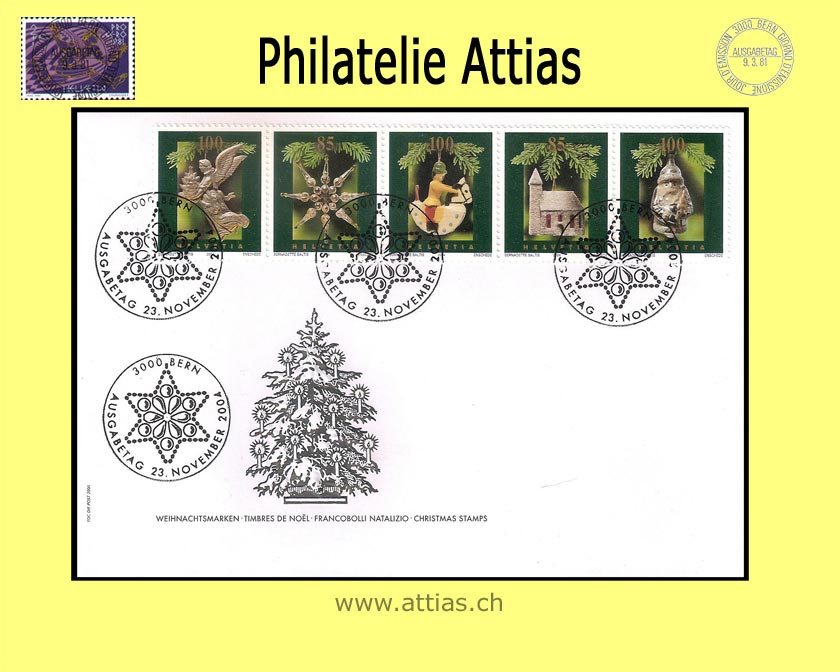 CH 2004 Z158A Weihnachten Zusammenhängender 5er Streifen aus Block auf ill. FDC