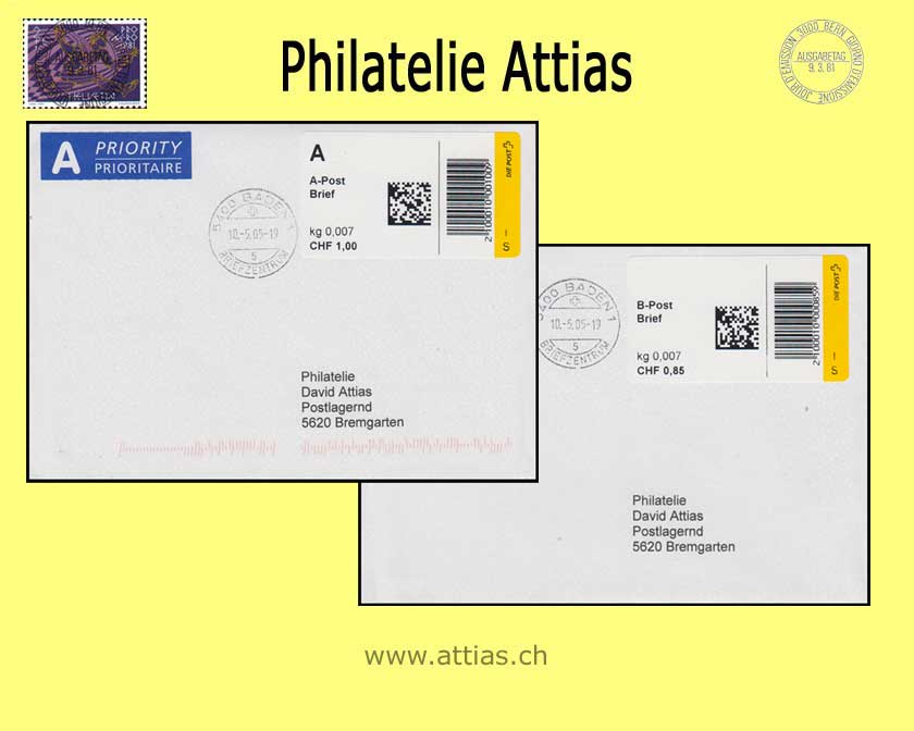 CH 2005 AFS 2.1 SIELAFF Selbstbedienungsgerät DIE POST, 2 Briefe: A-Post Brief und B-Post Brief