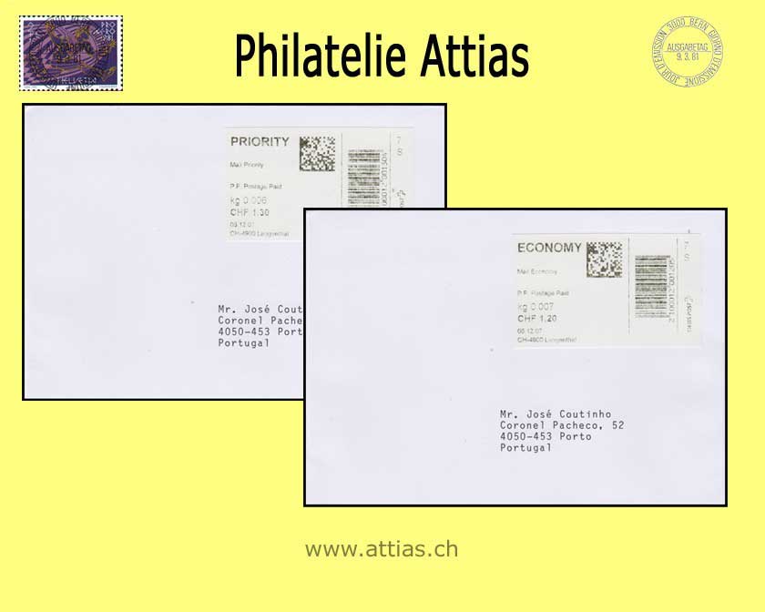 CH 2007 AFS 3.4 PESA Selbstbedienungsgerät SWISS POST, 2 Briefe: PRIORITY und ECONOMY Mail
