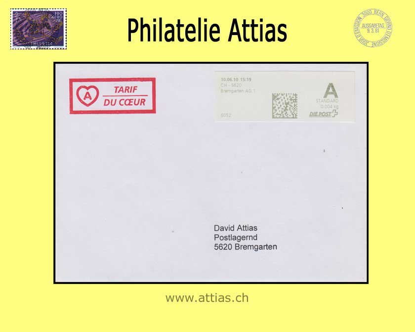 CH 2010 AE 4 TARIF DU COEUR, roter Zusatzstempel, Brief C6