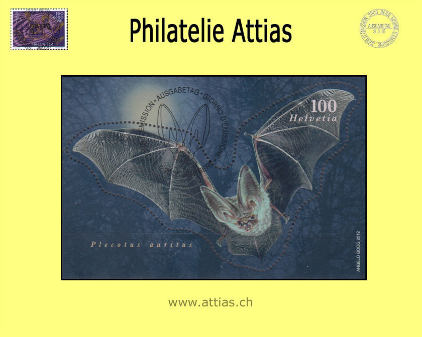 CH 2012 1444 (Bl.50) Block Fledermaus Braunes Langohr ET-Stempel