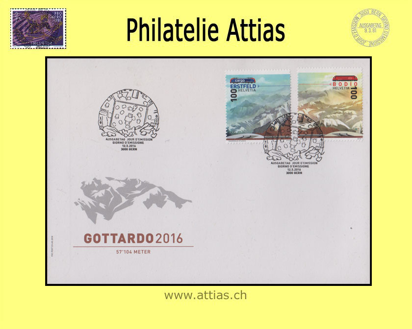 CH 2016 FDC Gottardo (nicht zusammenhängend) ill.o.Adr.