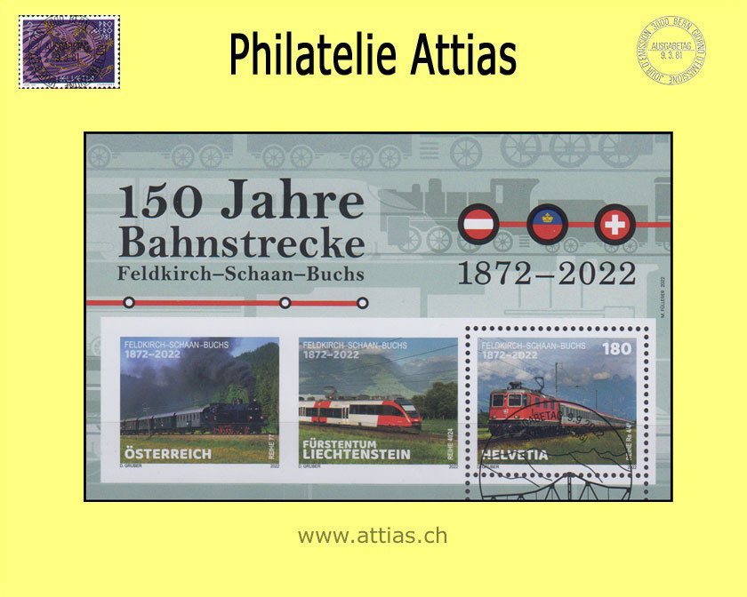 CH 2022 1924B (Bl.94) Block Schweiz - 150 Jahre Bahnstrecke Feldkirch-Schaan-Buchs ET-Stempel