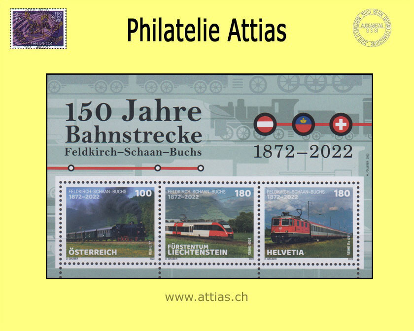 CH 2022 1924 (Bl.95) Gemeinschaftsausgabe Block AT-FL-CH - 150 Jahre Bahnstrecke Feldkirch-Schaan-Buchs  Postfrisch