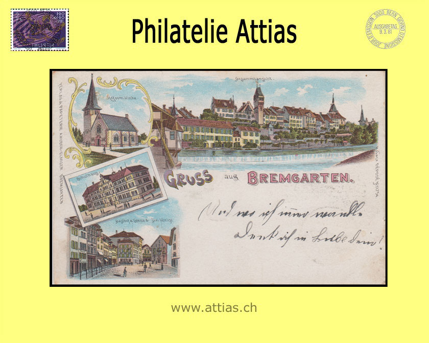 AK Bremgarten AG Farb-Litho Gruss aus mit 4 Bildern (1900)