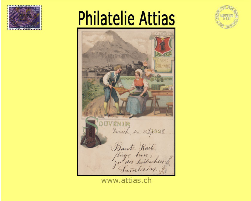 PC Glarus GL color-litho Souvenir Suchard with 4 pictures (1898)