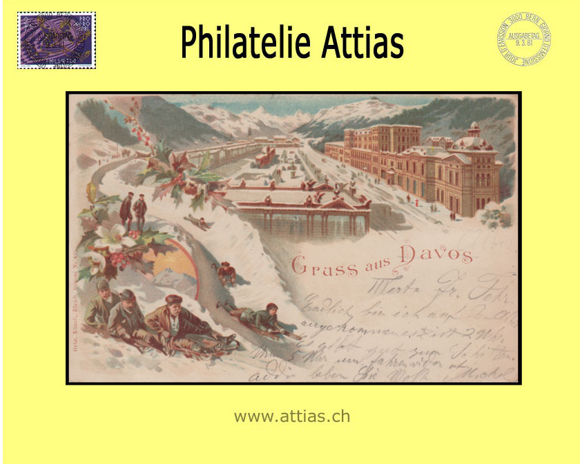 PC Davos GR color-litho Gruss aus with 3 pictures (1899)