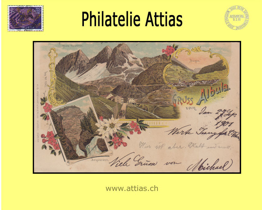 AK Bergün GR Farb-Litho Gruss vom Albula (1901)