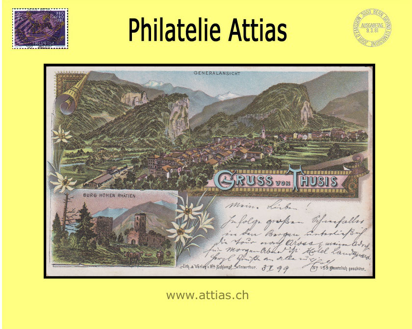 PC Thusis GR color-litho Gruss von with 2 pictures (1899)
