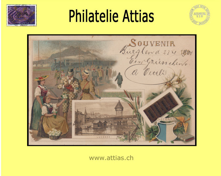 PC Luzern LU color-litho Souvenir Suchard with 3 pictures (1900)