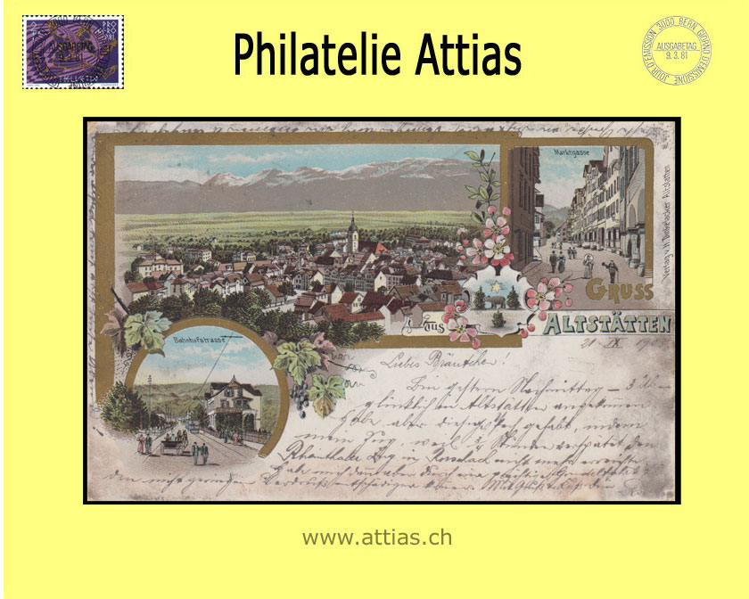 AK Altstätten SG Farb-Litho Gruss aus mit 3 Bildern (1903)