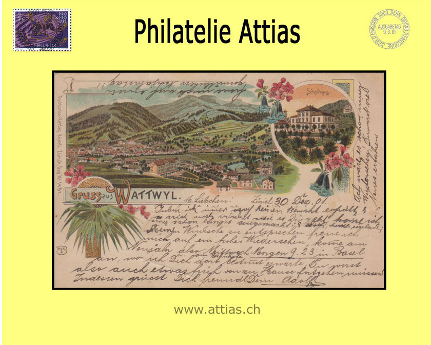 PC Wattwil SG color-litho Gruss aus with 2 pictures (1901)