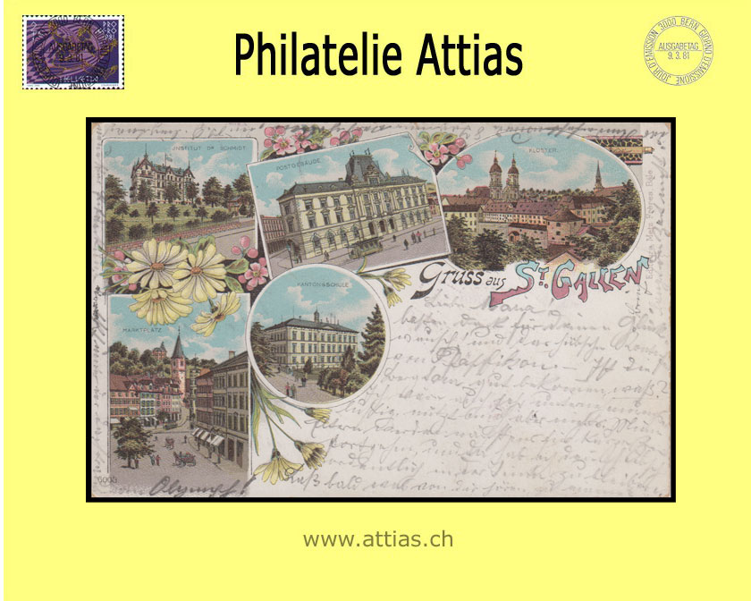 PC St.Gallen SG color-litho Gruss aus with 5 pictures (1897)