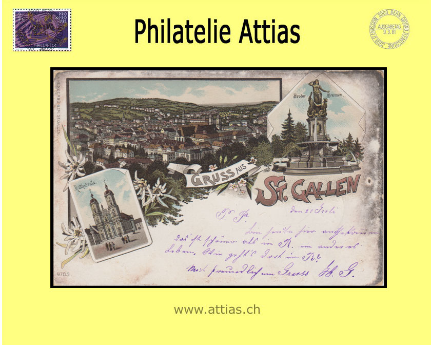 PC St.Gallen SG color-litho Gruss aus with 3 pictures (1898)