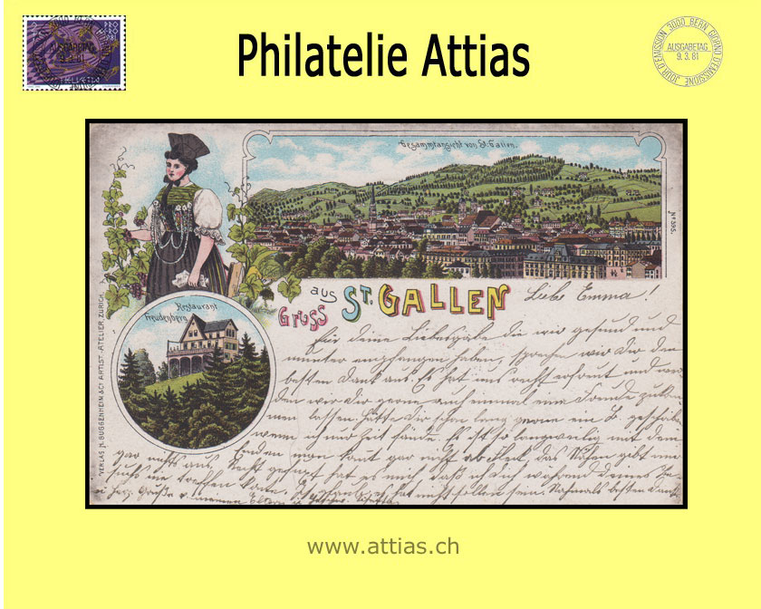 PC St.Gallen SG color-litho Gruss aus with 3 pictures (1900)