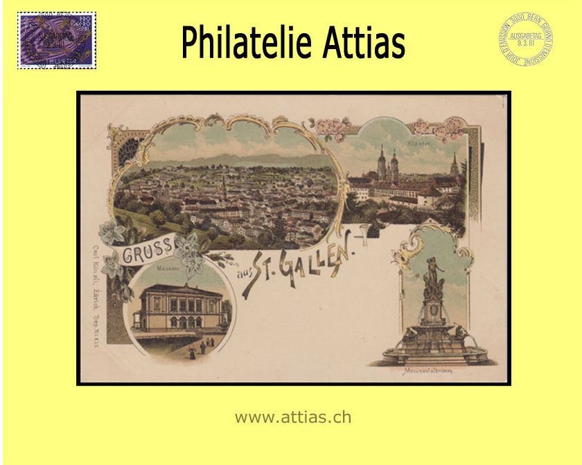 PC St.Gallen SG color-litho Gruss aus with 4 pictures (1900) (*)