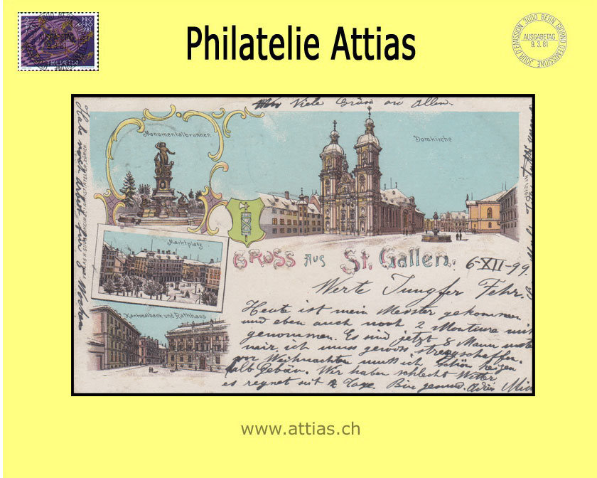 PC St.Gallen SG winter-litho Gruss aus with 4 pictures (1899)