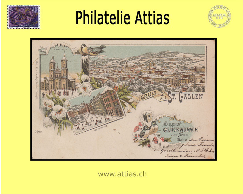 AK St.Gallen SG Winter-Litho Gruss aus mit 3 Bildern (1899) NJ