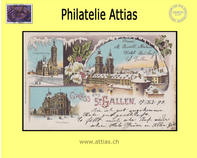PC St.Gallen SG winter-litho Gruss aus with 3 pictures (1899)
