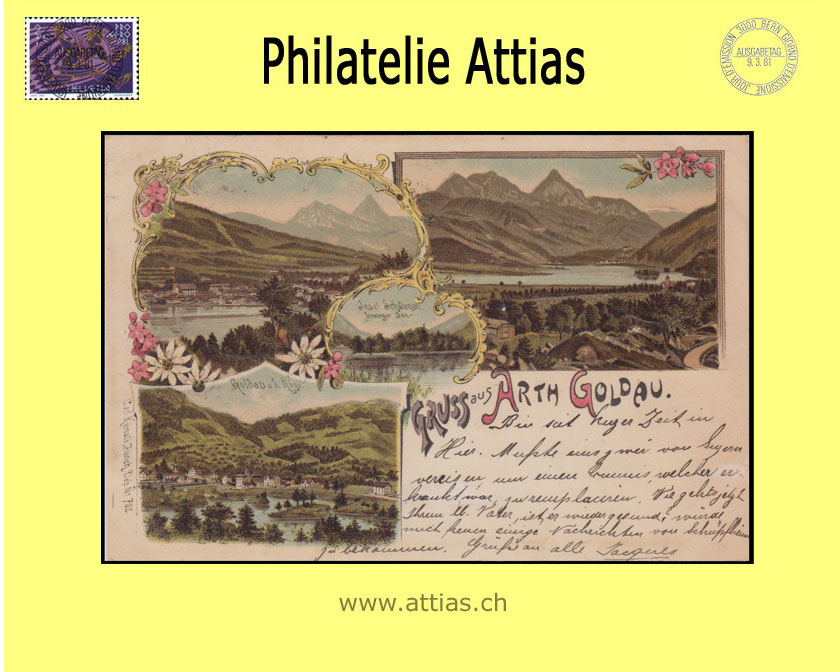 PC Arth-Goldau SZ color-litho Gruss aus with 4 pictures (1898)B