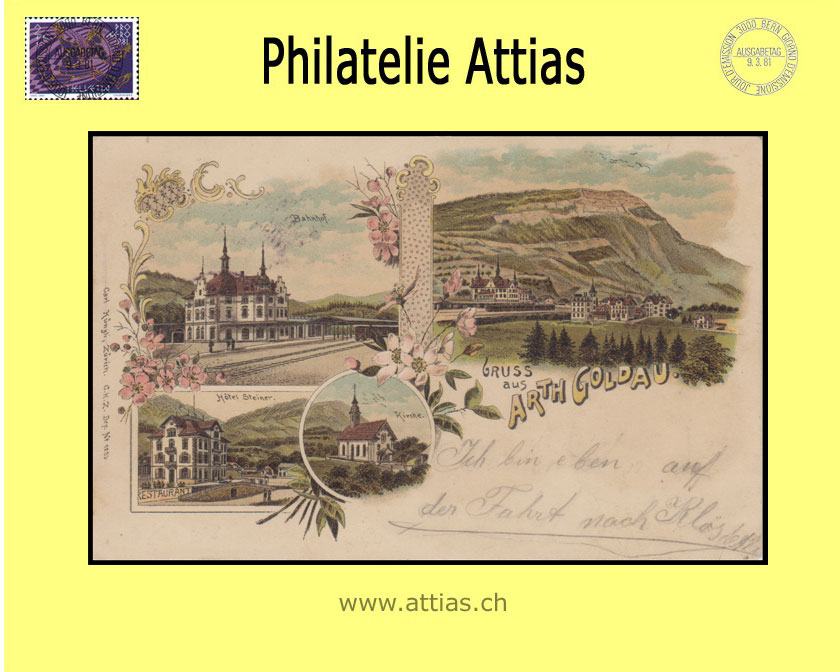 PC Arth-Goldau SZ color-litho Gruss aus with 4 pictures (1898)A