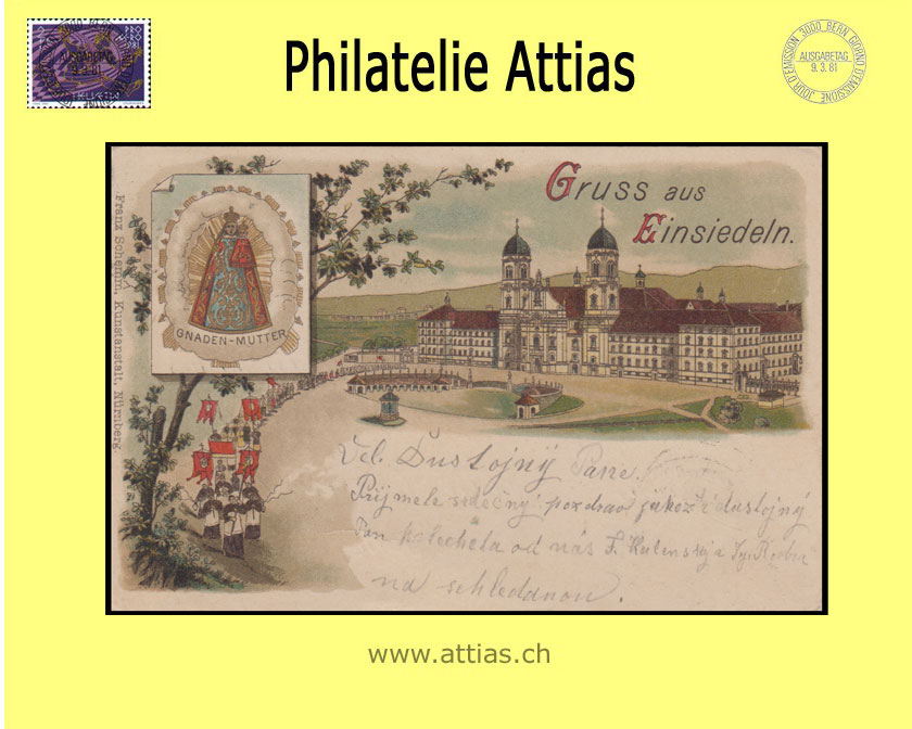 PC Einsiedeln SZ color-litho Gruss aus with 2 pictures (1903)