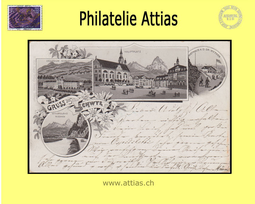 PC Schwyz SZ litho Gruss aus with 4 pictures (1898)